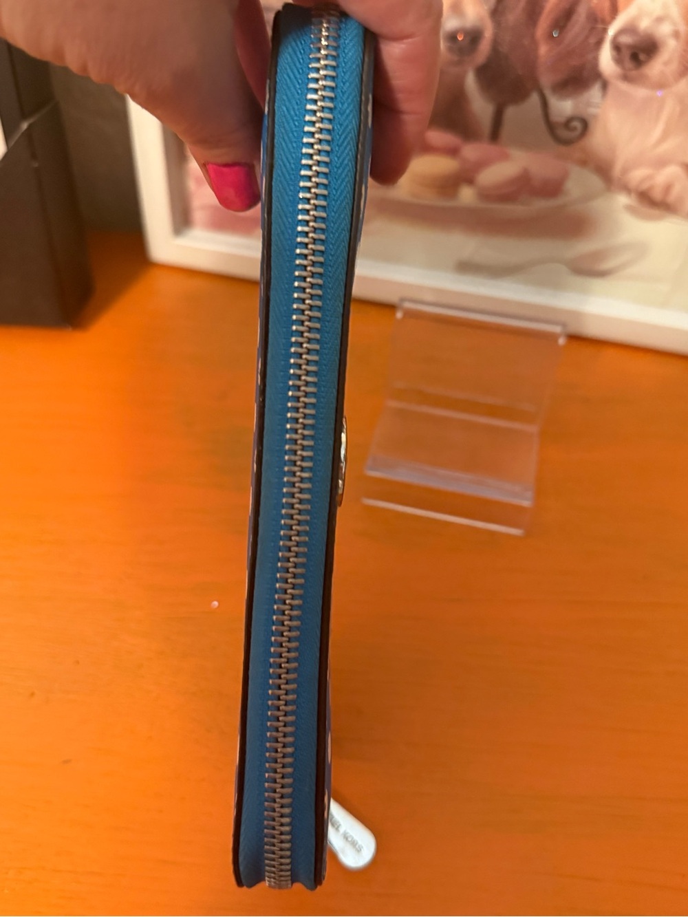 Michael Kors Blue and White Polka Dot Zip Wallet - Picture 5 of 8